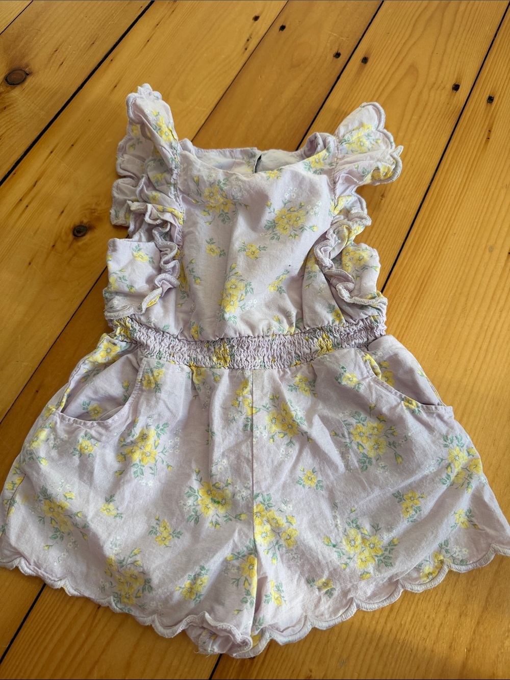 Janie and Jack Lavender Floral Ruffle Romper with Yellow Accents